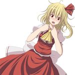  ahoge bad_id bad_pixiv_id blonde_hair blush dress fang flandre_scarlet hair_ribbon hands_on_own_chest necktie open_mouth red_eyes ribbon s-syogo side_ponytail solo tears touhou 