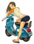  ass bent_over blush brown_eyes brown_hair denim denim_shorts female highres ipe long_hair looking_back motor_vehicle open_mouth original panties sandals scooter shorts thong underwear vehicle whale_tail 