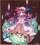  :o book bow crescent crystal floating floating_object hair_bow long_hair mosho open_book patchouli_knowledge purple_hair red_eyes robe shikishi signature socks solo striped touhou traditional_media very_long_hair water white_legwear 