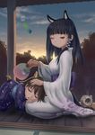  animal_ears black_hair brown_hair cloud fan heterochromia highres japanese_clothes kayari_buta kimono lap_pillow miyafuji_yoshika mosquito_coil multiple_girls no_eyepatch paper_fan purple_eyes sakamoto_mio sitting sky sleeping smile strike_witches sunset tail uchiwa veranda wind_chime world_witches_series youbou 