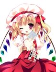  bad_id bad_pixiv_id blonde_hair blush card dress fang flandre_scarlet futaba_miwa hat heart_card holding holding_card one_eye_closed open_mouth picture_(object) purple_eyes red_dress side_ponytail solo touhou wings 