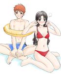  1girl bikini boribeya couple emiya_shirou face_slap_mark fate/stay_night fate_(series) hair_down hetero lowres navel shorts slap_mark swimsuit toosaka_rin 