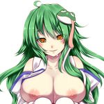  ahoge bare_shoulders blush breasts brown_eyes detached_sleeves face frog_hair_ornament green_hair hair_ornament kochiya_sanae large_breasts long_hair looking_at_viewer md5_mismatch nipples no_bra open_clothes open_shirt saliva shirt simple_background smile solo tongue touhou tro upper_body white_background yellow_eyes 