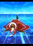  bad_id bad_pixiv_id brown_eyes brown_hair chin_rest day dress flower hair_flower hair_ornament hood letterboxed long_hair lying nobusnow ocean on_stomach original science_fiction sky solo 
