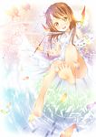  art_brush barefoot brown_hair bug butterfly colorful dress feathers feet full_body heterochromia highres ichi_makoto insect neck_ribbon oekaki_musume open_mouth original paintbrush palette ribbon soles solo spread_toes toes white_dress wings 