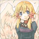  7010 angel_wings blonde blue_eyes dress feathers flower hair_flower orange_hair wings 
