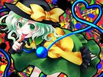  blush bow eyeball fang finger_to_mouth green_eyes green_hair hat heart heart_of_string komeiji_koishi open_mouth oyuki_(otozuki_mozuku) short_hair skirt smile solo third_eye tongue touhou 