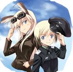  agahari animal_ears blonde_hair blue_eyes cloud day erica_hartmann goggles goggles_on_head hand_on_hip hanna-justina_marseille hat hat_removed headwear_removed holding holding_hat long_hair military military_uniform multiple_girls short_hair sky smile strike_witches uniform upper_body world_witches_series 