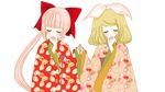  artist_request blonde_hair bow closed_eyes highres japanese_clothes kagamine_rin kimono long_hair multiple_girls nekomura_iroha pink_hair short_hair vocaloid 