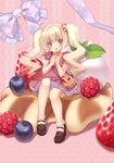  absurdres bag blonde_hair blueberry bobby_socks bow dress food frills fruit highres jewelry long_hair mary_janes nana_mikoto open_mouth original oversized_object pendant purple_eyes raspberry shoes sitting socks solo strawberry twintails waffle 