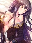  5-dimensional_skaters bad_id bad_pixiv_id belt black_hair blush breasts brown_eyes cleavage collarbone highres large_breasts long_hair open_clothes open_shirt original purple_hair shirt solo unbuttoned very_long_hair 