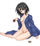  barefoot black_hair copyright_request eating mouth_hold nagii no_bra no_panties open_clothes open_shirt shirt short_hair solo 