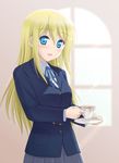  blonde_hair blue_eyes blush cup k-on! kishi_nisen long_hair saitou_sumire school_uniform solo tea teacup 