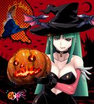  1girl bat bell breasts choker cleavage demitri_maximoff gloves green_hair hachi_menou halloween hat highres jack-o'-lantern lilith_aensland medium_breasts morrigan_aensland pumpkin vampire_(game) witch_hat 