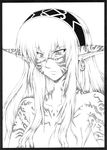  breasts brpfox collarbone culdcept earrings elf frown greyscale highres jewelry kigi long_hair medium_breasts monochrome no_nipples nude pointy_ears scowl sketch solo tattoo upper_body 