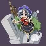  bad_id bad_pixiv_id blue_eyes drooling ghost graveyard grey_hair hat hitodama jiangshi lie-lilac miyako_yoshika ofuda open_mouth outstretched_arms saliva short_hair simple_background skirt smile solo sotoba tombstone touhou zombie_pose 