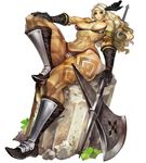  absurdres amazon_(dragon's_crown) blonde_hair boots breasts circlet dragon's_crown feathers halberd highres kamitani_george large_breasts long_hair muscle muscular_female official_art panties polearm sitting solo tattoo thick_thighs thighs thong underwear vanillaware weapon 