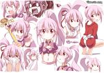  blush_stickers expressions hair_ribbon kitahara_tomoe_(kitahara_koubou) messy_hair midriff pink_hair ponytail purple_eyes purple_hair ribbon sengoku_otome solo squatting staff surprised tokugawa_ieyasu_(sengoku_otome) 