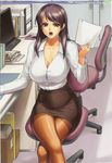  angry breasts brown_thighhighs bursting_breasts clavicle cleavage computer computer_keyboard crossed_legs curvaceous desk dress_shirt hips iruma_kamiri japanese_text large_breasts lipstick long_hair miniskirt monitor mouse mousepad office office_lady open_mouth oppai panchira pantsu paper paperclip purple_eyes purple_hair secretary sitting skirt solo thighhighs thighs white_panties 