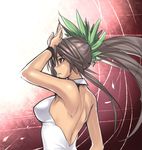  alternate_costume arm_up back backless_outfit bare_back bare_shoulders black_hair bow breasts green_bow hair_bow houtengeki large_breasts long_hair ponytail profile red_eyes reiuji_utsuho sketch solo touhou upper_body 