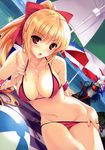  absurdres ball beach beachball bikini blonde_hair blush bow breasts copyright_request food hair_bow highres large_breasts long_hair misaki_kurehito mizuhara_erika nail_polish open_mouth pink_nails ponytail popsicle red_eyes sexually_suggestive side-tie_bikini solo string_bikini suggestive_fluid swimsuit tongue umbrella 