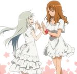  anjou_naruko ano_hi_mita_hana_no_namae_wo_bokutachi_wa_mada_shiranai. brown_hair closed_eyes dress holding_hands honma_meiko long_hair marugoshi_teppei multiple_girls silver_hair simple_background skirt smile tears white_dress white_skirt 