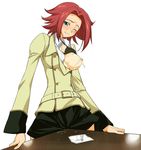  code_geass crotch_rub green_eyes high_res initial-g kallen_stadtfeld lactation onanism open_shirt oppai pussy_rub red_hair school_uniform table tablesex tagme 