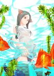  animal_ears brown_hair cat_ears fish goldfish long_hair neko_no_hito original red_eyes shidatsu_takayuki skirt skirt_hold solo tail water 