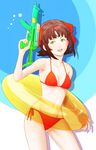  :d amami_haruka bikini bow breasts brown_hair cleavage green_eyes hair_bow halterneck highres idolmaster idolmaster_(classic) innertube medium_breasts navel open_mouth red_bikini short_hair side-tie_bikini smile solo swimsuit underboob water_gun yorimitsu 