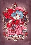  bat_wings blue_hair bone bow crown dress fingernails flower frills hat hat_ribbon highres long_fingernails nail_polish open_mouth red_eyes remilia_scarlet ribbon rose short_hair skull solo touhou touya_yuki wings wrist_cuffs 