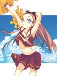  armpits arms_up blue_eyes blue_sky blush breasts cheerleader cloud contrapposto day idolmaster idolmaster_(classic) idolmaster_1 kitano_yuusuke long_hair looking_at_viewer medium_breasts midriff minase_iori navel orange_hair pom_pom_(clothes) sidelocks sky solo standing stomach underboob uniform 