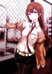  bad_id bad_pixiv_id belt brown_hair fence jacket legwear_under_shorts long_hair makise_kurisu nanai necktie off_shoulder pantyhose red_neckwear shorts silver_eyes solo steins;gate 