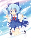  :d arms_up blue_dress blue_eyes blue_hair blush bow cirno dress fang hair_bow looking_at_viewer mary_janes open_mouth shirt shoes short_hair smile snow solo touhou wings yamasan 