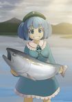  blue_eyes blue_hair cloud fish grin hat kawashiro_nitori key kuro_oolong mountain salmon_(fish) short_hair sky smile solo touhou two_side_up water 