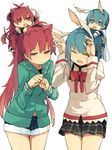  animal_ears bad_id bad_pixiv_id blue_hair bunny_ears cat_ears fang highres kemonomimi_mode long_hair mahou_shoujo_madoka_magica miki_sayaka minigirl multiple_girls red_eyes red_hair sakura_kyouko school_uniform short_hair smile yomosaka 