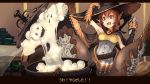  animal_ears armpits belt black_cape black_hat cape cauldron claws d: dragon_girl halloween hand_on_headwear hand_up hat highres hitokuirou holding jack-o'-lantern monster_girl open_mouth original red_eyes red_hair scales short_hair smoke solo solo_vivace_(hitokuirou) vial witch_hat 