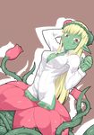  bad_id bad_pixiv_id blonde_hair bottomless breasts cleavage dress_shirt flower green_skin lol_(harikofu) medium_breasts monster_girl original plant plant_girl red_eyes shirt simple_background slit_pupils solo vines 