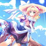  blonde_hair blue_sky brown_dress cloud day dress flower fuupu green_eyes hair_flower hair_ornament hand_in_hair hat light_rays mizuhashi_parsee open_mouth scarf sky solo sun_hat sunbeam sunlight touhou 