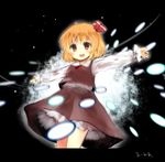  ahoge bad_id bad_pixiv_id blonde_hair blush brown_eyes character_name danmaku hair_ribbon highres letterboxed mika_(moc828) motion_blur no_nose open_mouth outstretched_arms ribbon rumia short_hair sketch smile solo spread_arms touhou 