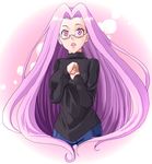  blush breasts denim eyelashes fate/stay_night fate_(series) glasses highres jeans large_breasts lips long_hair nono_(noppodesu) open_mouth pants purple_eyes purple_hair rider solo turtleneck very_long_hair 