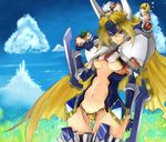  animalization armor blazblue blonde_hair blue_eyes breasts center_opening cloud crotch_plate day forehead_protector gloves gond green_hair hamster hazama headgear heart jin_kisaragi long_hair mecha_musume medium_breasts midriff mu-12 navel necktie pauldrons ragna_the_bloodedge revealing_clothes robot_ears sky smile thigh_gap thighhighs underboob white_hair wide_hips 