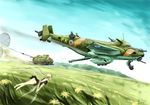  aircraft airplane ass bad_id bad_pixiv_id blurry caterpillar_tracks copyright_request depth_of_field fairy flower hakuaki military military_vehicle parachute solo 