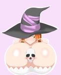  bare_shoulders between_breasts blush breasts brown_hair cleavage dragon's_crown gigantic_breasts hat hat_over_one_eye skull solo sorceress_(dragon's_crown) witch_hat yellow_eyes yuzu_ponzu 