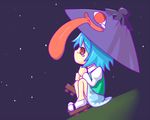  adder blue_hair geta karakasa_obake night night_sky purple_umbrella red_eyes short_hair sitting sky solo star_(sky) tatara_kogasa tears tongue touhou umbrella 