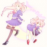  back_bow bishoujo_senshi_sailor_moon black_legwear blue_sailor_collar bow chibi_usa crescent dual_persona heart kneehighs long_hair luna-p multiple_views muzuki_uruu older pink_eyes pink_hair red_eyes sailor_collar school_uniform serafuku skirt teenage thighhighs twintails white_legwear 