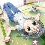  android bad_id bad_pixiv_id barefoot black_hair blush denim green_eyes jeans lying nichijou on_back on_floor pants shinonome_nano smile solo star tatami umeboshitora upside-down winding_key 