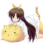  :p blush bow brown_eyes brown_hair cat crossdressing hug little_busters! long_hair masayu naoe_riki open_shirt tagme tongue 