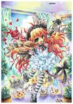  animal_ears cat cat_ears copyright_request emperpep green_eyes heart long_hair maid red_hair solo spoken_heart striped striped_legwear thighhighs too_many too_many_cats traditional_media zettai_ryouiki 