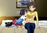  2girls amaha_masane amaha_rihoko b bed boat breast_envy breast_grab breasts fully_clothed hotel hotel_room huge_breasts jeans kneeling mother_and_daughter painting shirt sitting socks suitcase surprised tagme witchblade 