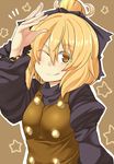  :p ;q arm_up bad_id bad_pixiv_id blonde_hair blush bow brown_eyes gesture hair_bow hair_ribbon hati105 kurodani_yamame one_eye_closed ponytail ribbon short_hair smile solo tongue tongue_out touhou 